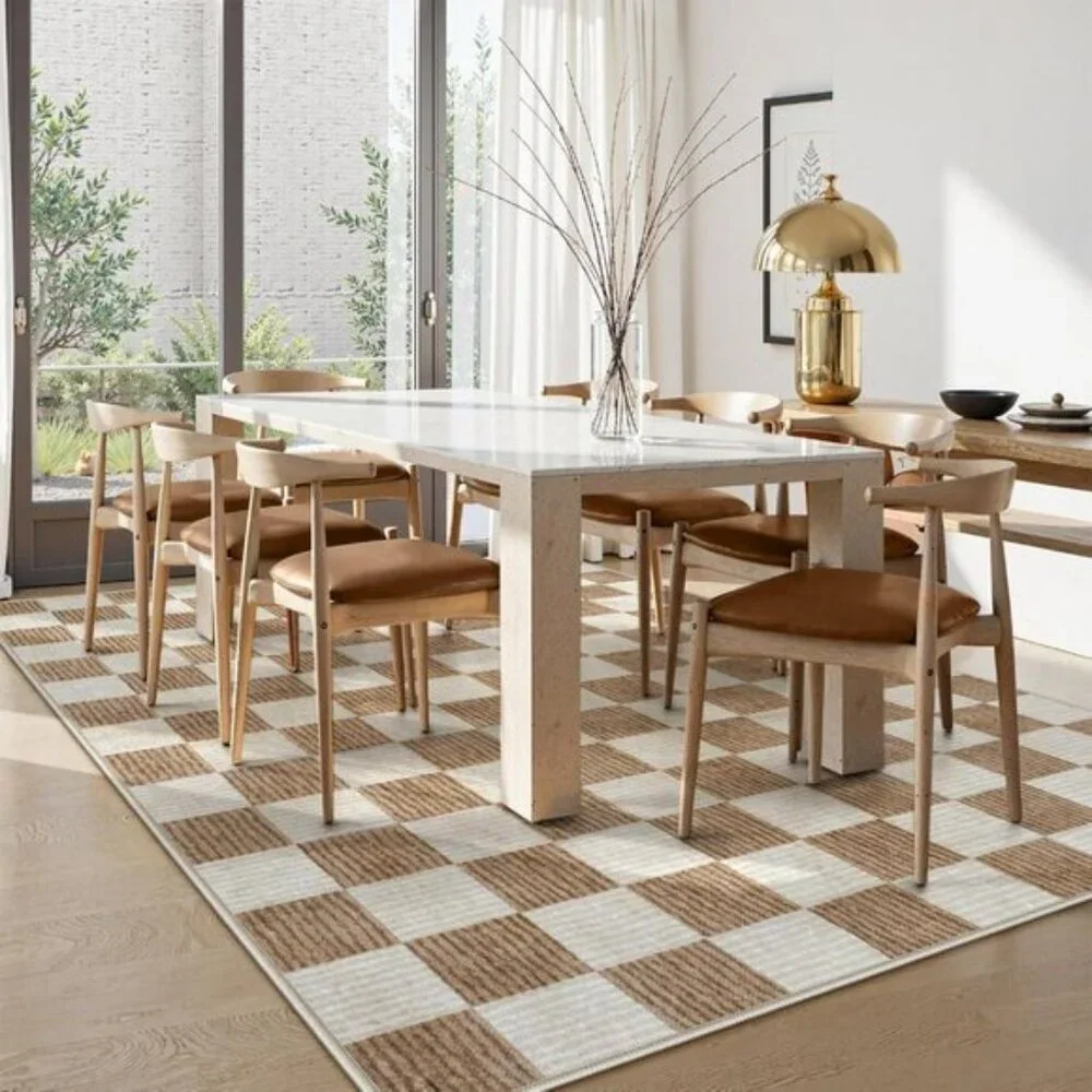 New 6x9 Brown Checkered Area Rug, Washable Non-Slip Soft Carpet for Home & Room